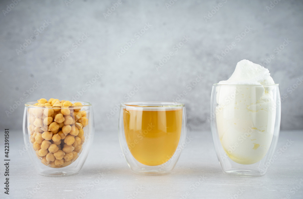 Chickpea aquafaba. Egg replacement. Vegan cooking concept. Chickpea