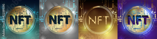 NFT theme design. Non-fungible token in circuit board style. Vector Illustration