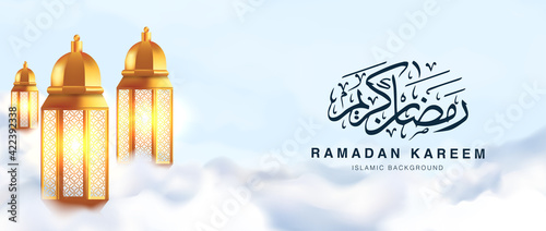 Realistic illustration of islamic ramadan kareem greeting banner vector design. 3d golden lantern floating above the coulds 