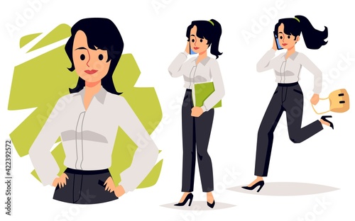 Young business woman in office wear set of flat vector illustrations isolated.