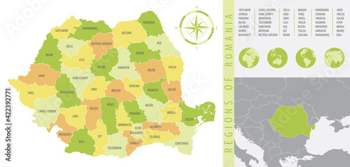 Detailed map of Romania with administrative divisions of the country, color vector illustration