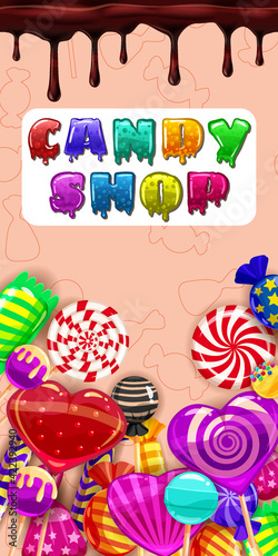 Candy Shop, sweet different bonbon, lollipops,chocolate, jelly. Template menu for caffe, cafeteris, vector illustration, cartoon style