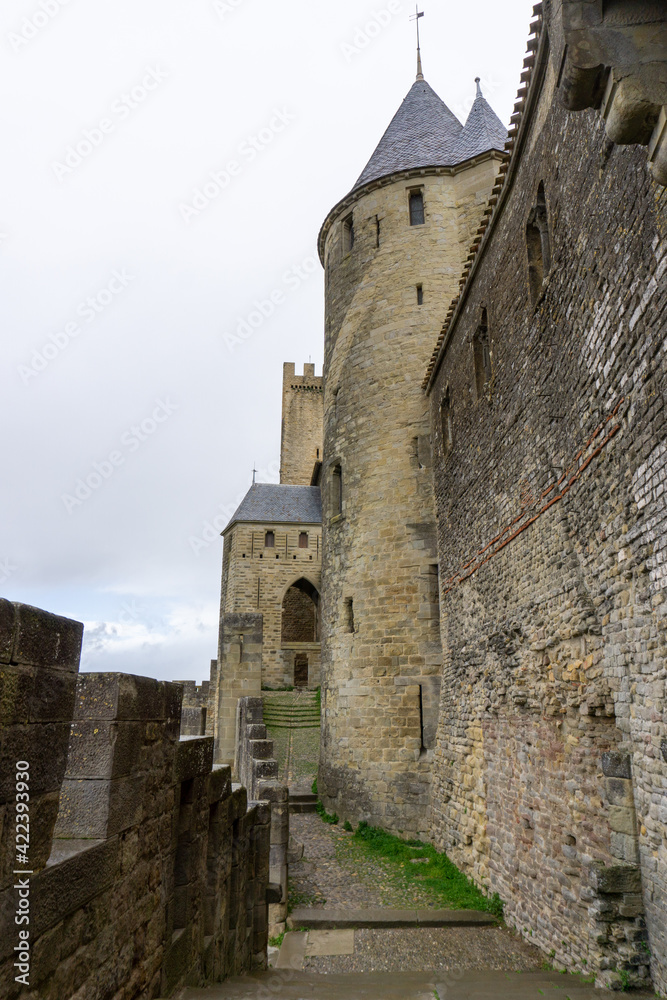view of the historic medieval walled city of Carcassonne in France