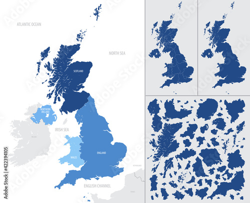 Detailed, vector, blue map of the United Kingdom with administrative divisions into countries and counties