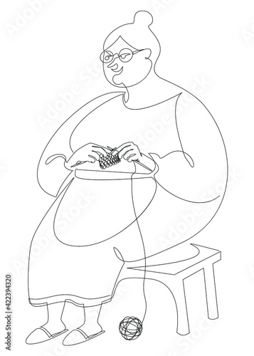 The woman knits with knitting needles and threads. The lady is sitting on a chair. Drawing in modern trendy style with one line. Solid outline for decor, posters, stickers, logo. Vector illustration.