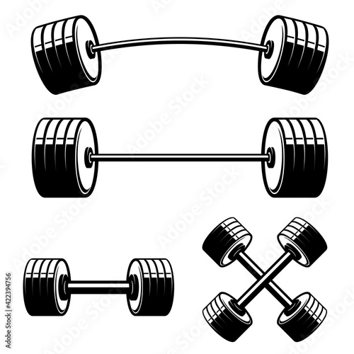 Set of barbell and dumbbells isolated on white background. Design element for logo, label, sign, emblem, poster. Vector illustration