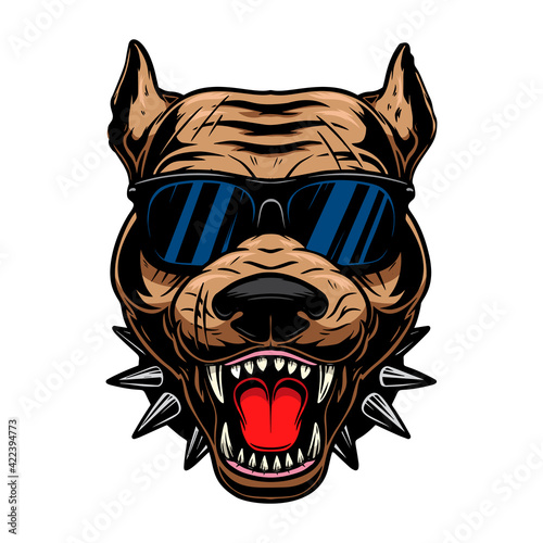 Illustration of angry pitbull head in sunglasses. Design element for logo, label, sign, emblem, poster. Vector illustration