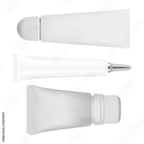 Lip balm tube. Clear beauty container. Glue stick mockup. gel product tube, matte whitewith metal cap. Superglue bottle blank, cyanoacrylate glossy packaging. Face skin moisturizer plastic template