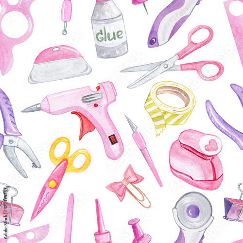 watercolor pink craft tools seamless pattern on white background. For fabric, wrapping, scrapbooking