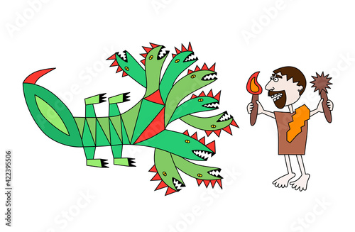 second labour of Hercules vector illustration, battle with Lernean hydra hand drawn style male against snake-like creature