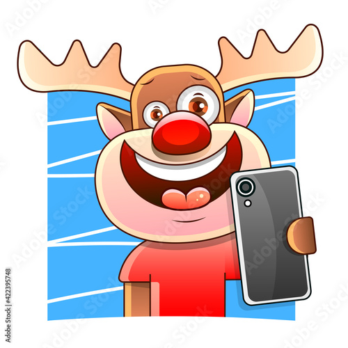 Funny deer in a scarf and hat takes photos with your phone. Vector children s sticker design on white isolated background. photo