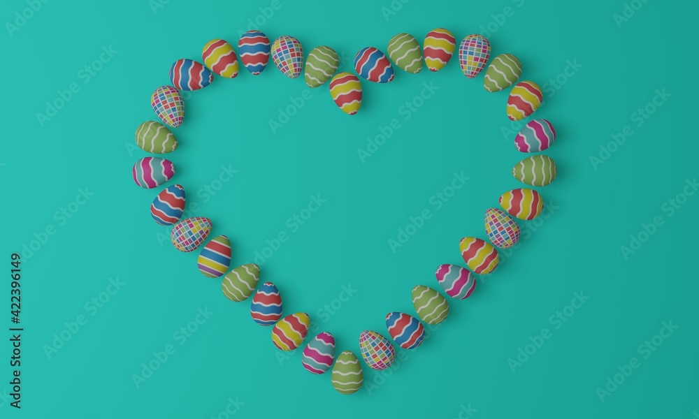 Obraz premium Easter eggs arranged in the shape of a heart with a colorful bright geometric pattern on a turquoise background. 3d rendering.