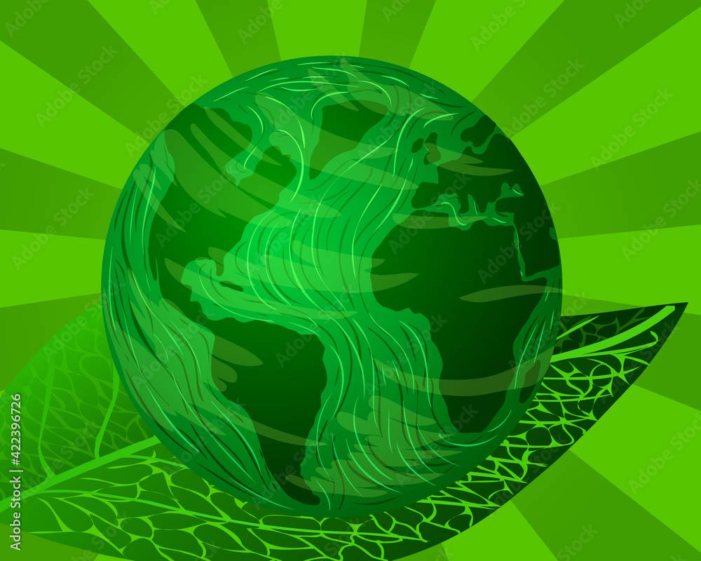 Vector Illustration. Ecology. Earth on green leaf on green background. Vector Illustration. Ecology. Earth on green leaf on green background.