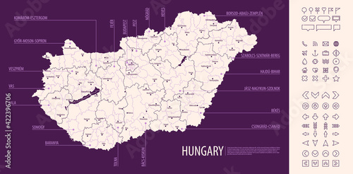 Detailed map of Hungary with administrative divisions on dark background, country big cities and icons set, vector illustration