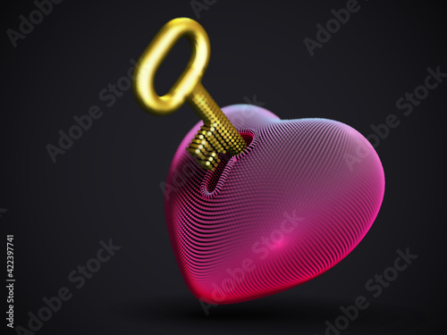 Red 3D human heart with keyhole and golden key on dark gray background. Relationship, love and marriage concept: padlock in shape of human heart. Key to my heart vector illustration, EPS 10.