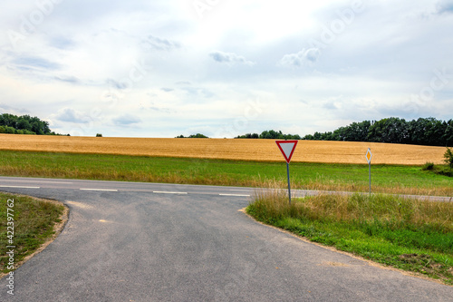 Einmündung in Hauptstraße mit Verkehrszeichen 