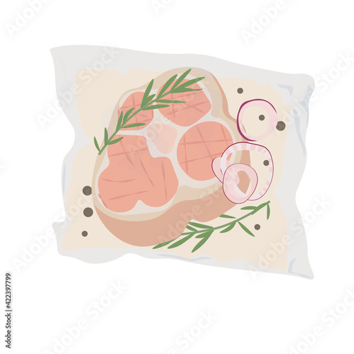 Meal kits vector stock illustration. Delivery of a set of packaged products for dinner. Pickled meat in a vacuum bag and vegetables. Isolated on a white background.