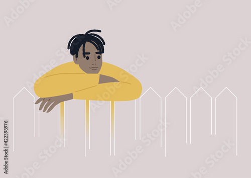 A young male Black character leaning on a wooden fence, a neighborhood life, outdoors