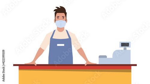 Cashier, salesperson or service personnel in a medical mask. Protection against Covid-19. Vector illustration in flat style