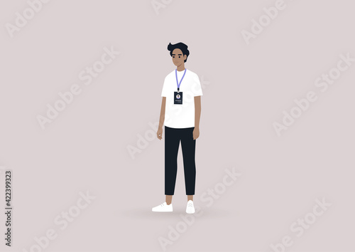 A young male character wearing a badge, a corporate name tag design, a manager at the conference with an id card