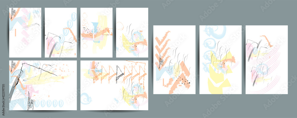 Fototapeta premium Elegant natural pastel muted pale calm tones card templates set. Collection of romantic invitations with painting abstraction background line color