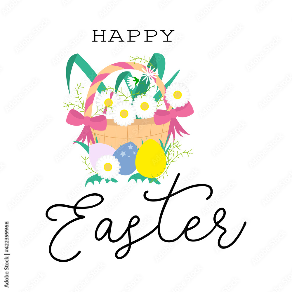 Fototapeta premium Happy Easter greeting card or banner design template with basket, eggs and flowers. Easter day spring holiday vector illustration