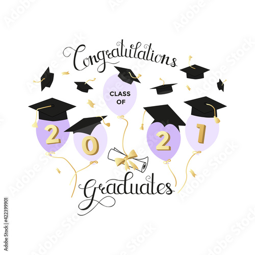 Class of 2021. Congratulations graduates design with balloons and flying graduation caps. Graduation celebration concept.