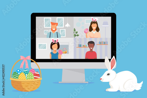 Peoples celebrating the Easter holiday on video conferencing calls on the computer. New normal and covid 19 concepts. Flat design vector illustration