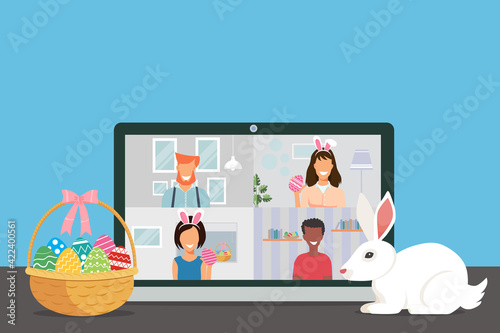 Video conference with a people group meeting online. Friends talking on a computer and celebrating Easter holiday. New normal and covid-19 concept. Flat design vector illustration