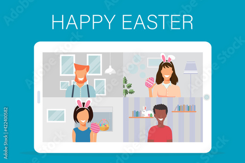 Video conference with people group meeting online on blue background with text Happy Easter. New normal and covid-19 concept. Flat design vector illustration