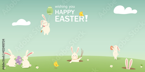 Happy Easter. Easter Rabbit Bunny with eggs, grass, flowers in field. Cute cartoon rabbit character with chicken, Paschal egg. Design template for Banner, flyer, invitation, greeting card, poster.