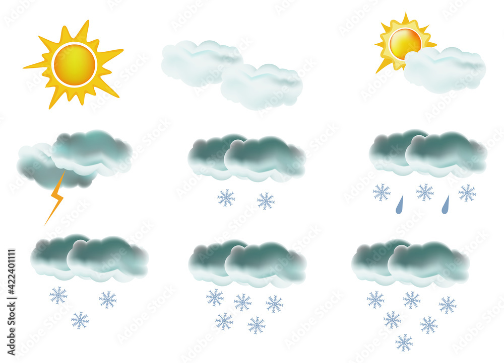 Set of realistic icons for winter weather design isolated on white background. Trendy weather elements.