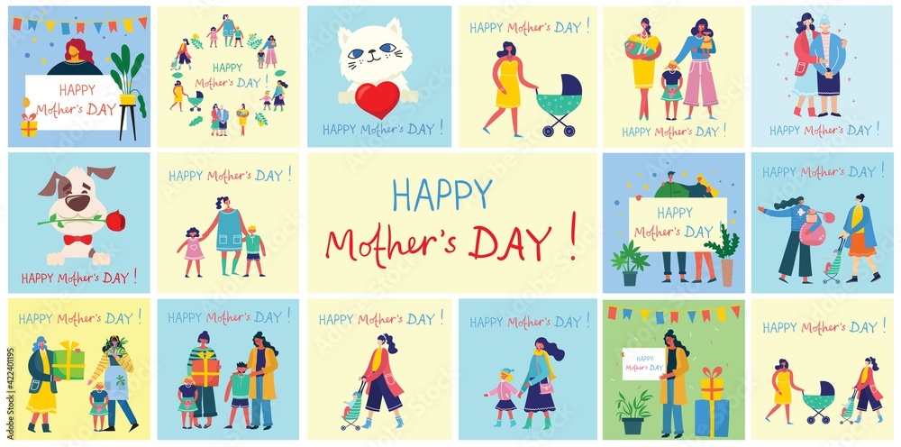 Colorful vector illustration concepts of Happy Mother's day . Mothers with the children for greeting cards, posters and backgrounds