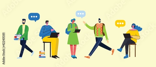 vector set of students with gadgets and books