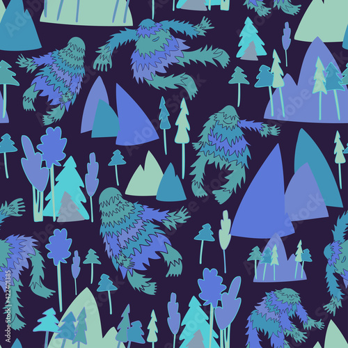 Vector seamless colorful pattern cryptozoology dancing yeti in the forest landscape in blue tones. The design is perfect for textiles, backgrounds, wallpaper, wrapping paper