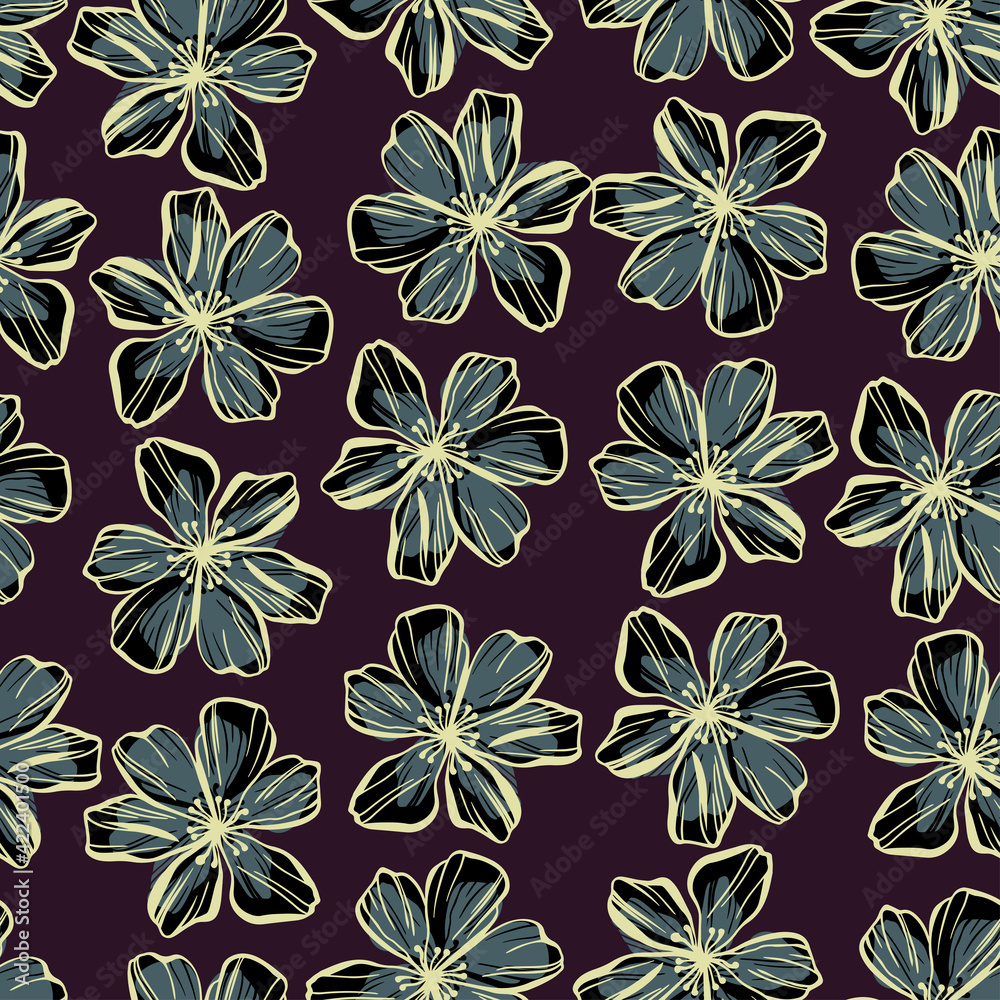 Vector seamless colorful design pattern botanical elegant lined flowers in dark colors. Cute circle frame on a white background. Perfect for textiles, wrapping paper, wallpaper