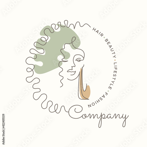 African American woman with curly hairs, earring and monstera leaf decoration on the head. Logo for beauty salon, hairdresser, hair care products, lifestyle blogger, cosmetics or stylist