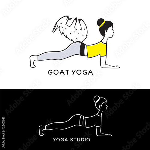 Woman doing goat yoga. Logo for pilates studio, fitness club or aerobics training. Young girl in the bow pose – chaturanga