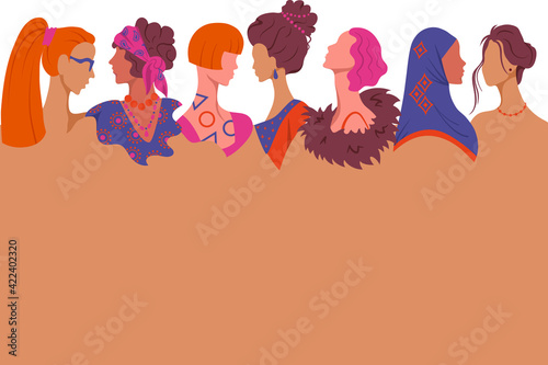 Women empowerment banner with space for text. Female from different eras, nationalities and cultures