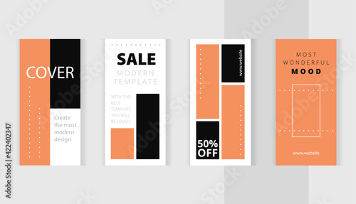 Modern orange style. Set of editable vertical photo collage banners. Minimalism templates for social media posting and online advertising. Trend vector illustration.