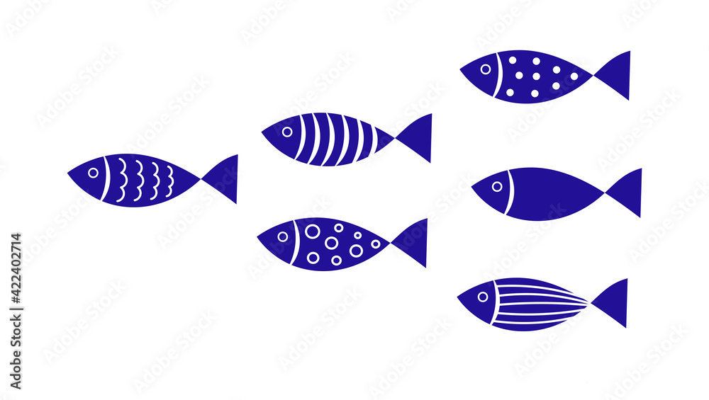 Blue fish colony. Collection of abstract fish.