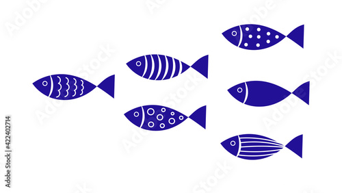 Blue fish colony. Collection of abstract fish.
