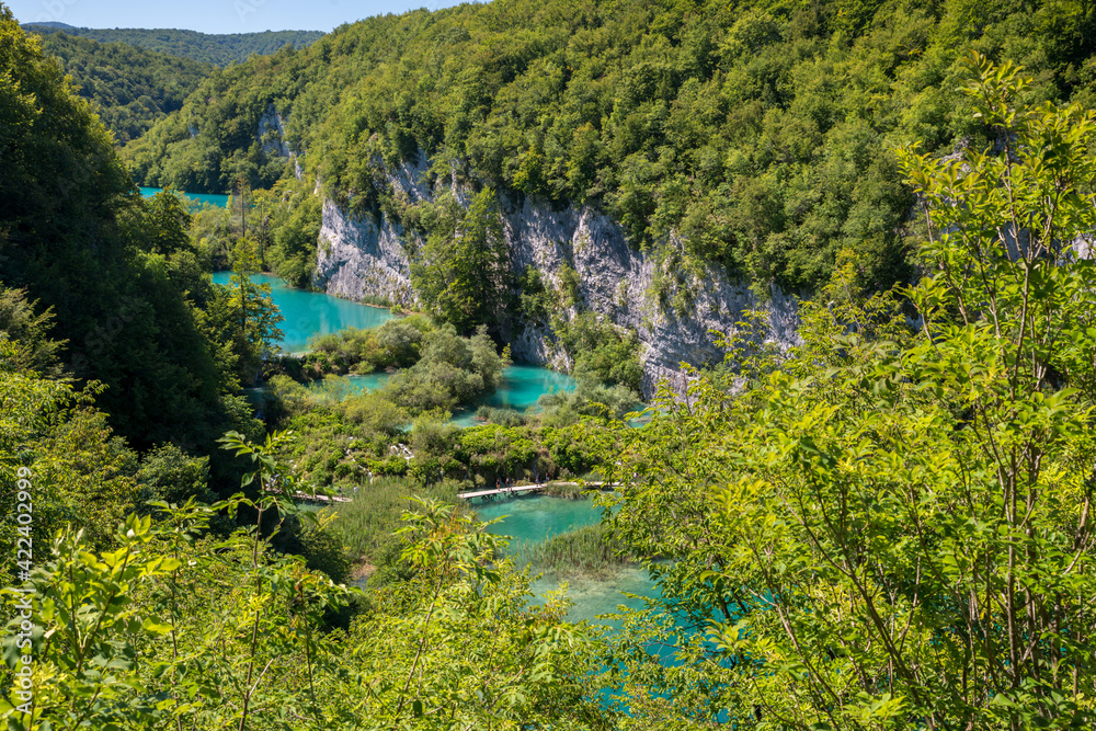 View on lakes from above in Plitvice National Park in Croatia.