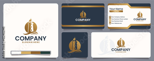 lighthouse ,ocean with wave , gold color ,logo design inspiration