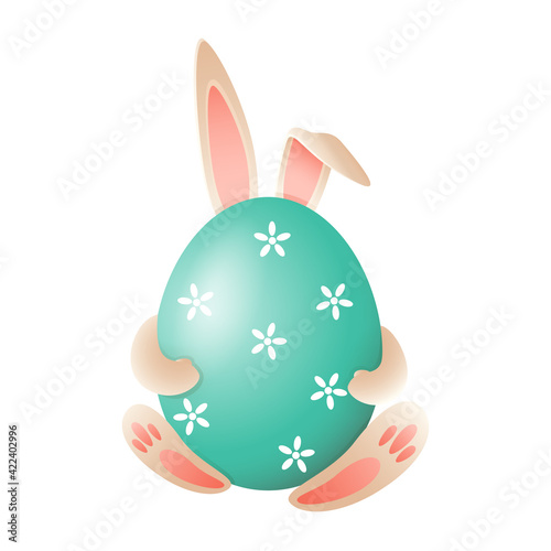 Easter bunny behind Easter egg - cute vector illustration isolated