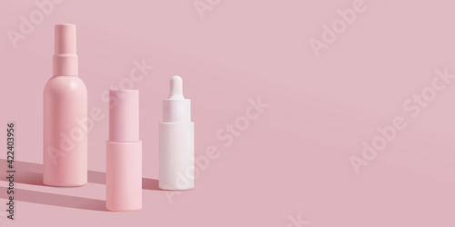Cosmetic pink bottles mockup: tube, spray bottle. Womens cosmetic accessory for skin care, makeup, toning. Fluid, lotion, toner, serum, cream,sanitizer.