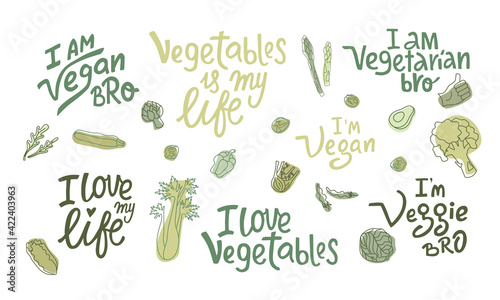 Vegetables lettering guotes set with hand drawing outline vegetables. I am vegan, veggie, vegetarian bro. Vector stock illustration isolated on white background. EPS10