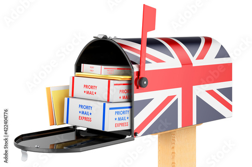 Mailbox with British flag with parcels, envelopes inside. Shipping in the Great Britain, concept. 3D rendering