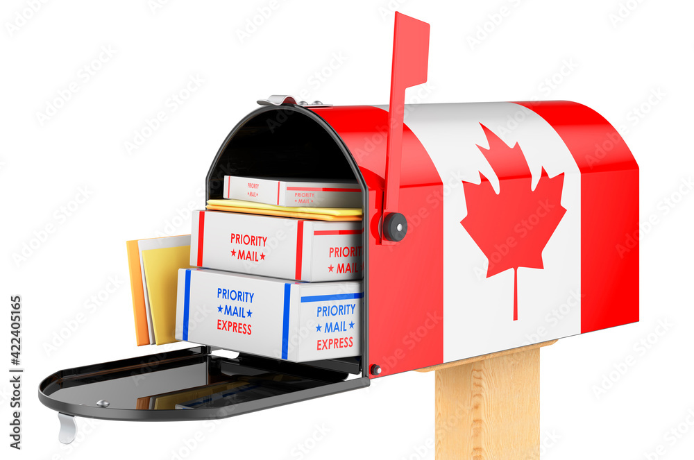 Mailbox with Canadian flag with parcels, envelopes inside. Shipping in Canada, concept. 3D rendering Mailbox with Canadian flag with parcels, envelopes inside. Shipping in Canada, concept. 3D rendering