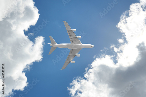 Passenger airplane taking off passing overhead in deep blue cloudy sky as shot from the ground